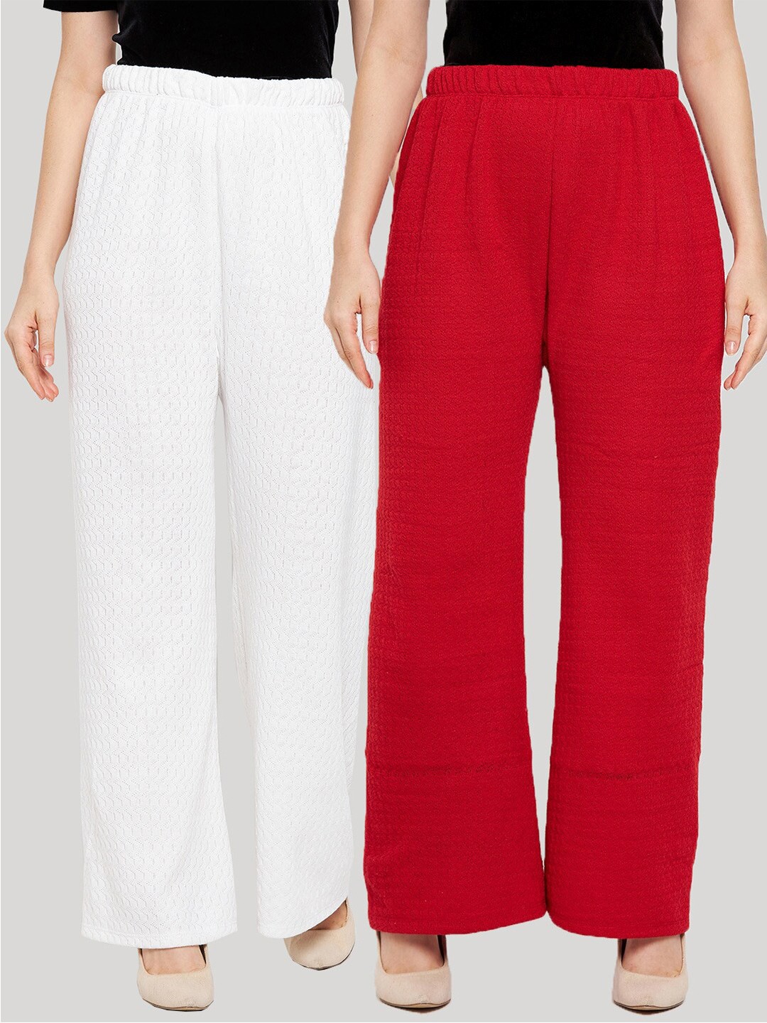 

Clora Creation Women White & Red 2 Flared Knitted Palazzos