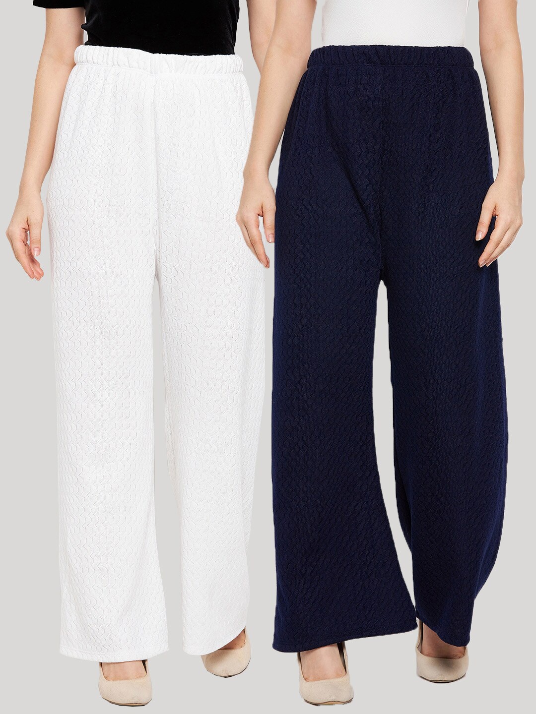 

Clora Creation Women White & Navy Blue 2 Flared Knitted Palazzos