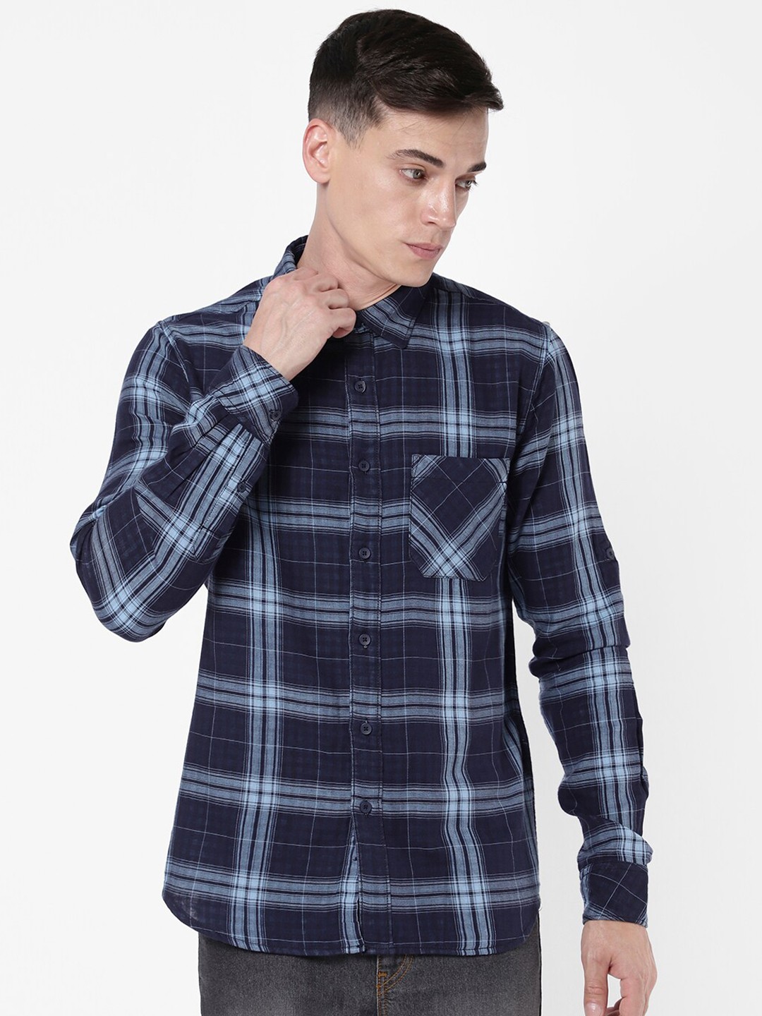 

R&B Men Tartan Checks Casual Shirt, Blue