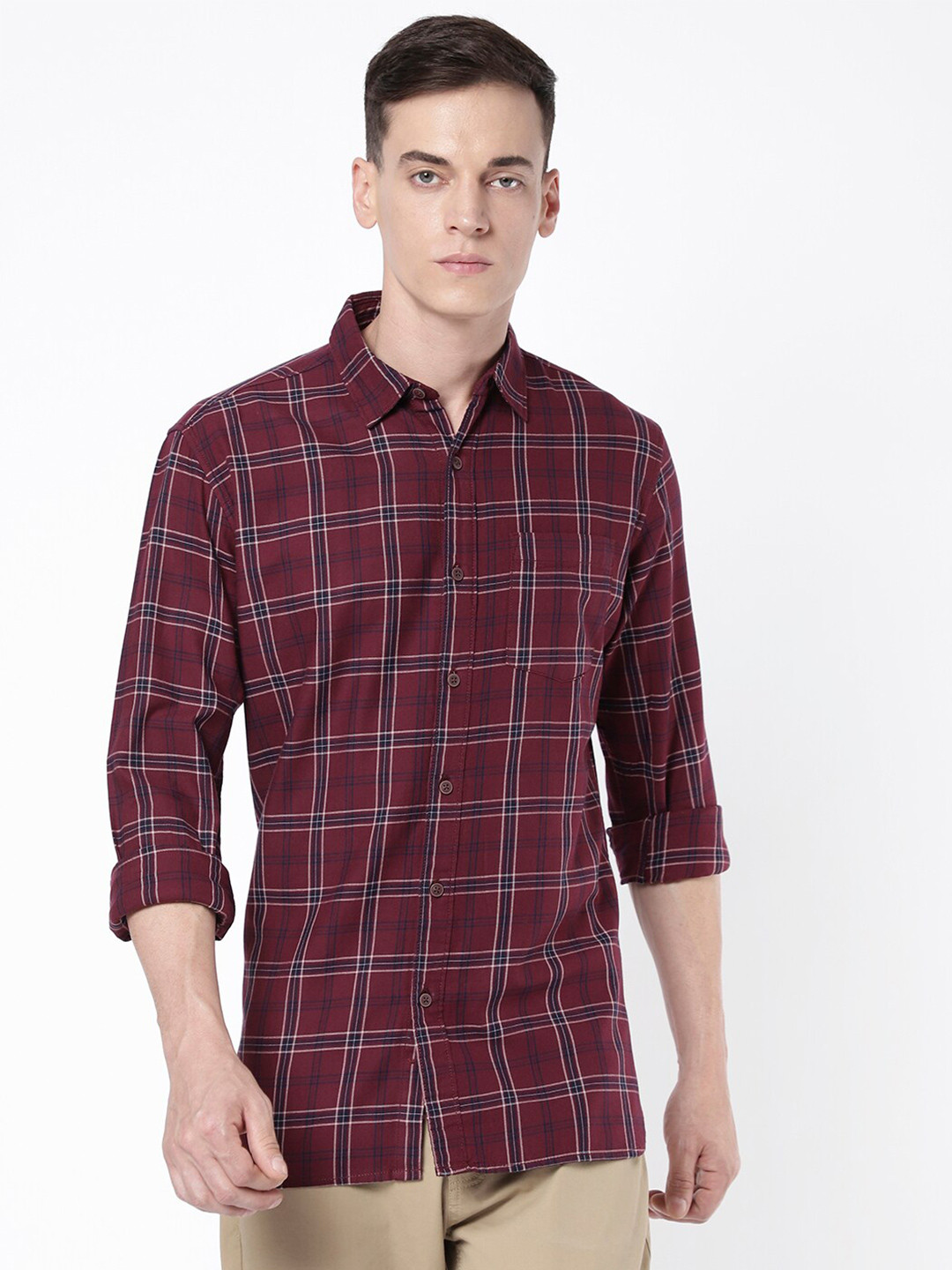 

R&B Men Tartan Checks Checked Casual Shirt, Maroon