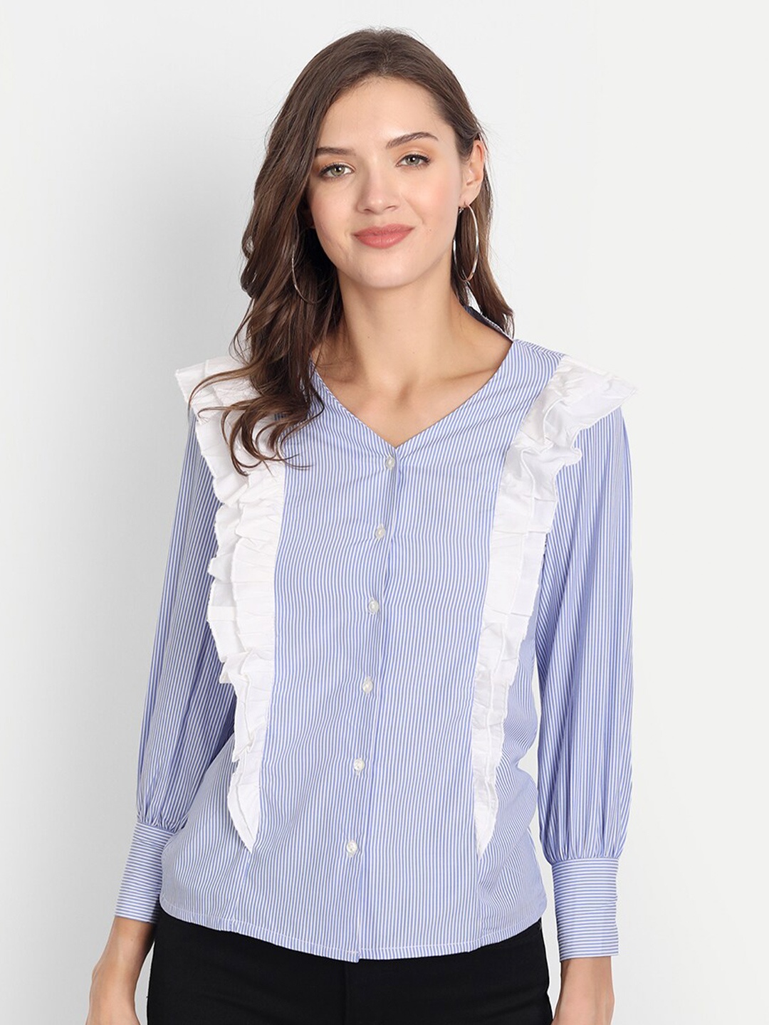 

D 'VESH Striped Ruffles Organic Cotton Shirt Style Cotton Top, Blue