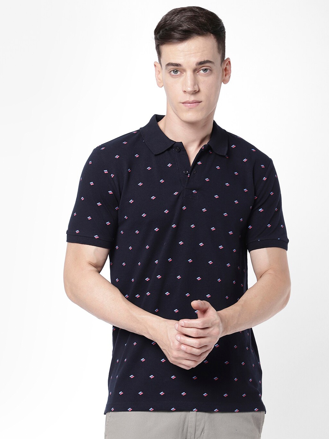 

R&B Men Printed Polo Collar T-shirt, Blue