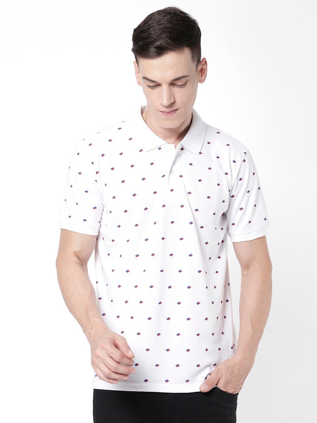 

R&B Men Printed Polo Collar T-shirt, White