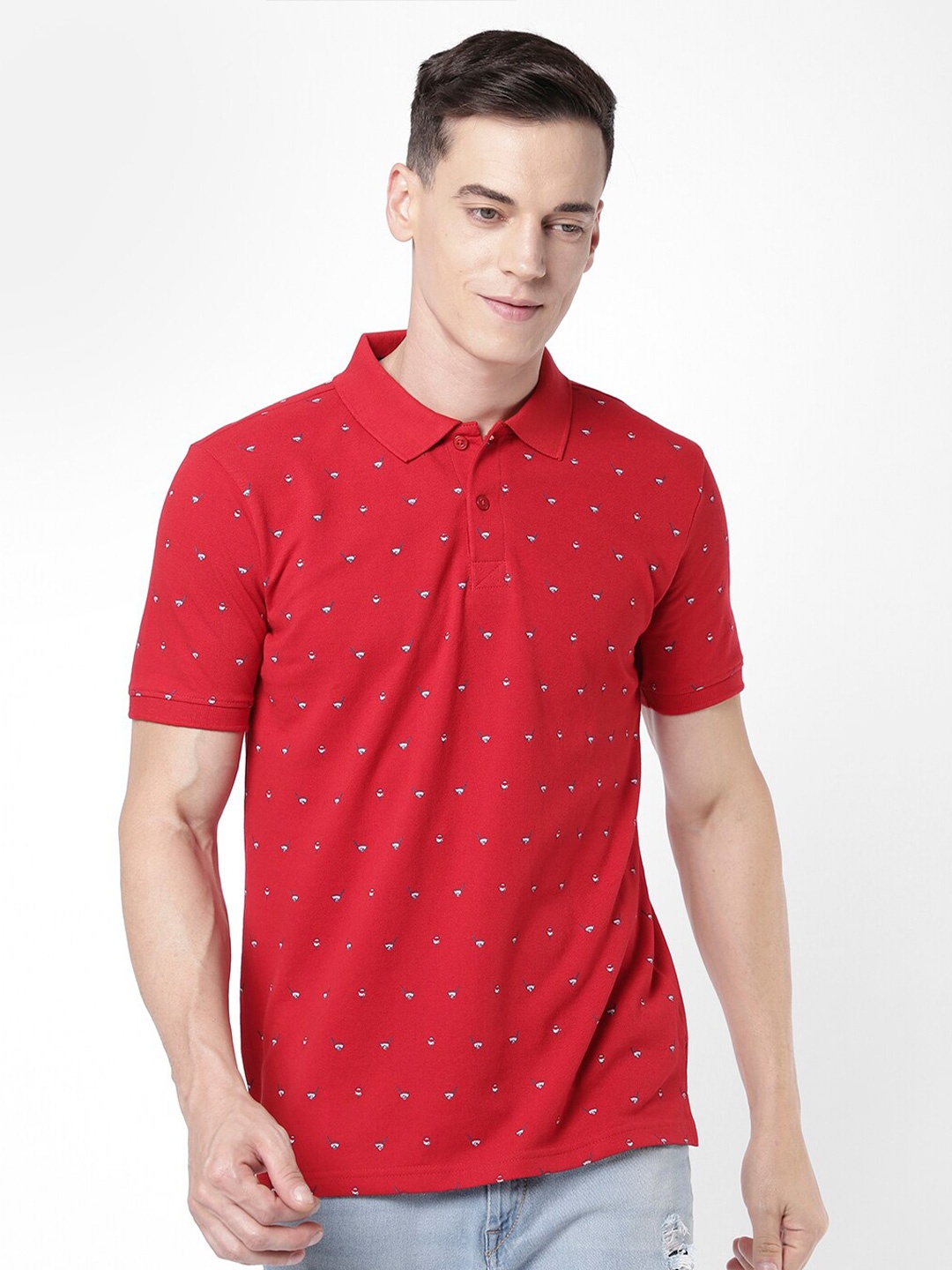 

R&B Men Printed Polo Collar Regular Fit T-shirt, Red
