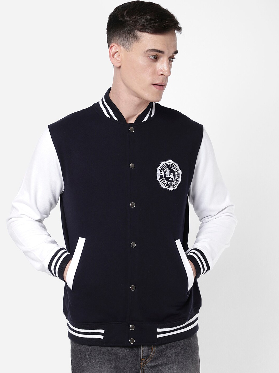 

R&B Men Blue Bomber with Embroidered Jacket