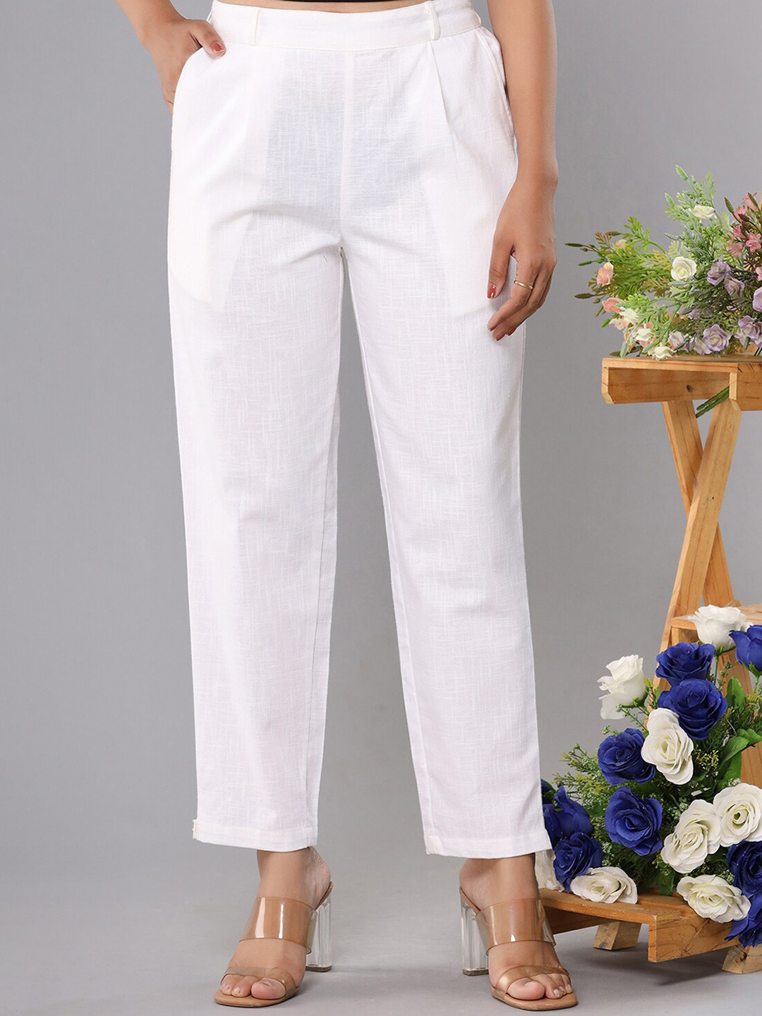 

KAAJH Women Pure Cotton Pleated Trouser, White