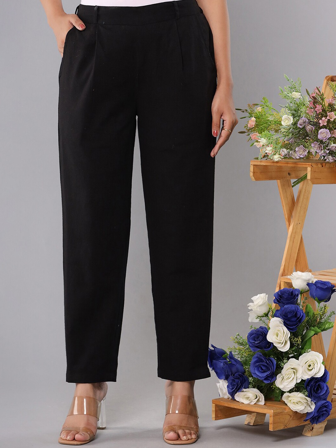 

KAAJH Women Pure Cotton Pleated Trouser, Black
