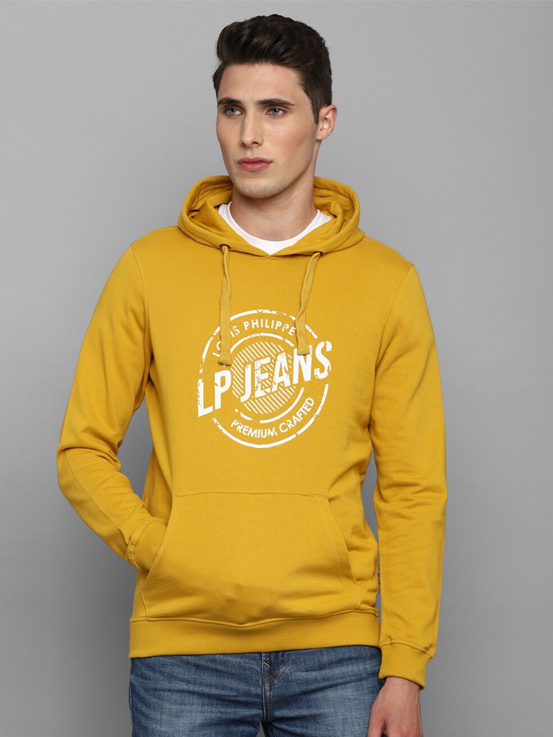 

Louis Philippe Jeans Men Printed Long Sleeves Hooded Sweatshirt, Yellow