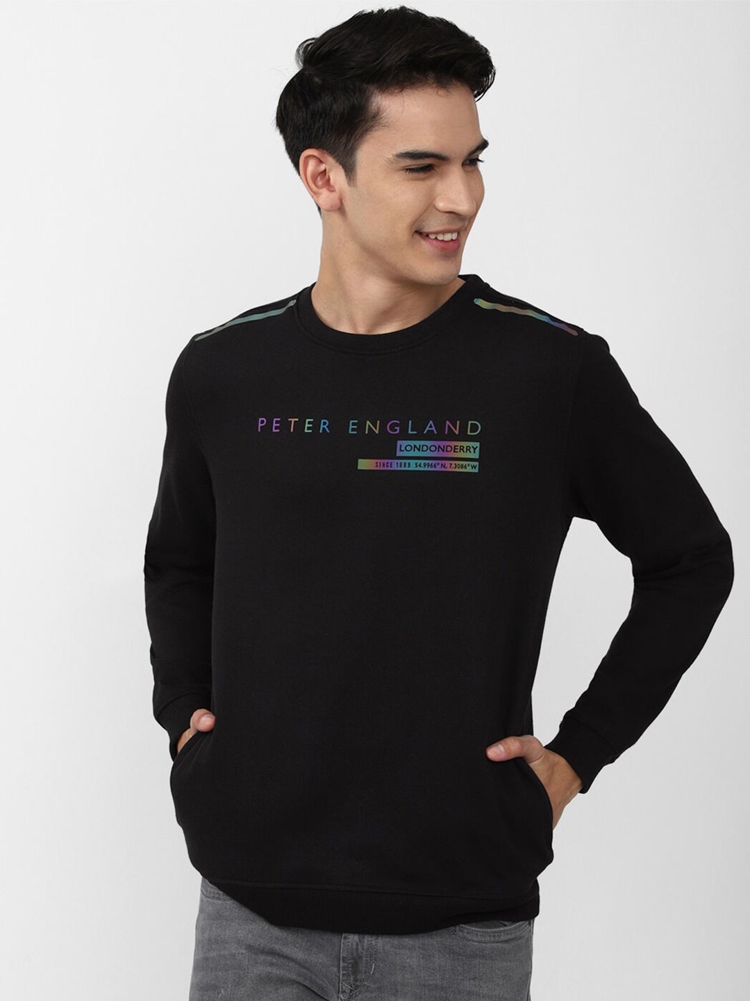 

Peter England Casuals Men Brand Logo Printed Sweatshirt, Black