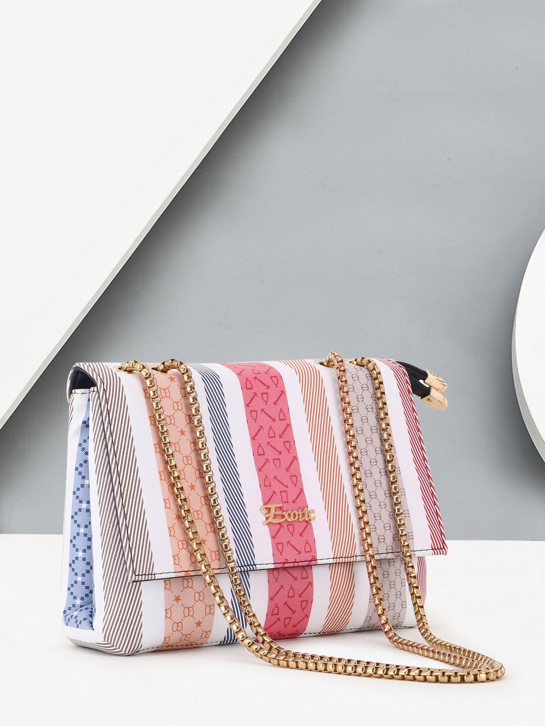

Exotic Striped PU Structured Shoulder Bag, Pink