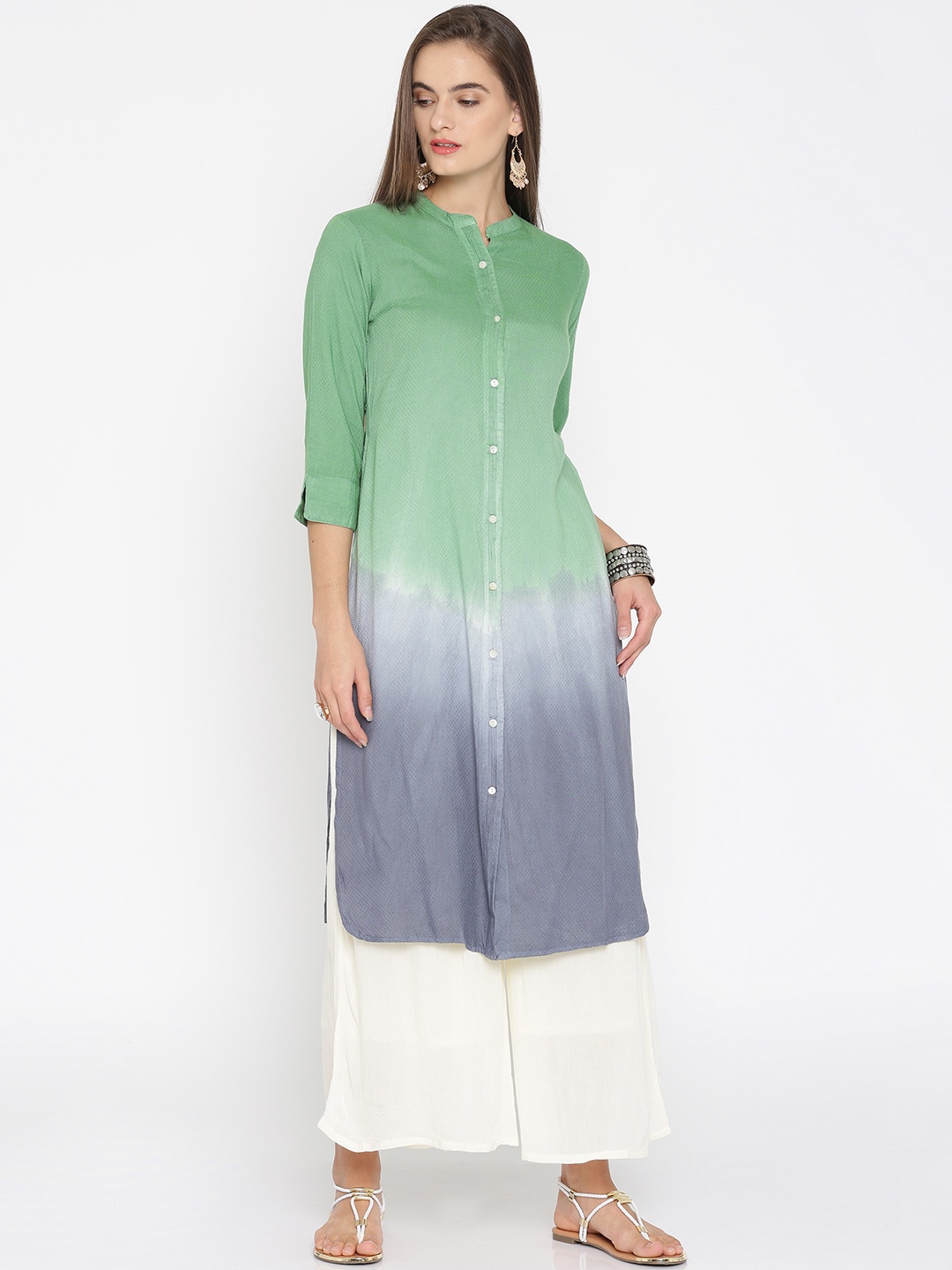 

IMARA Women Green & Purple Ombre-Dyed Woven Design Straight Kurta