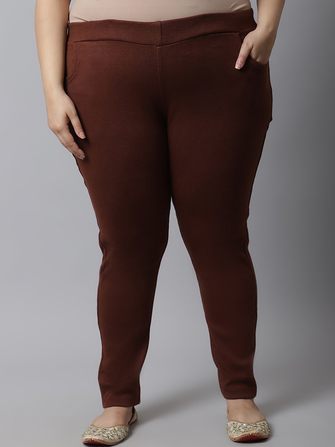 

TAG 7 PLUS Women Plus Size Solid Ankle-Length Leggings, Brown