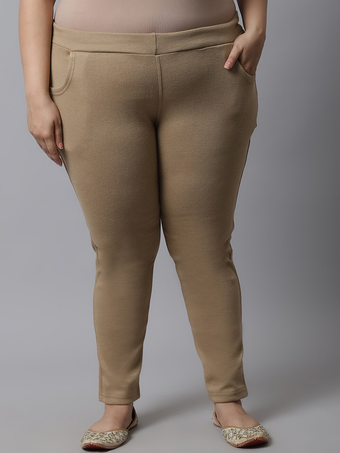 

TAG 7 PLUS Women Plus Size Solid Ankle-Length Leggings, Beige
