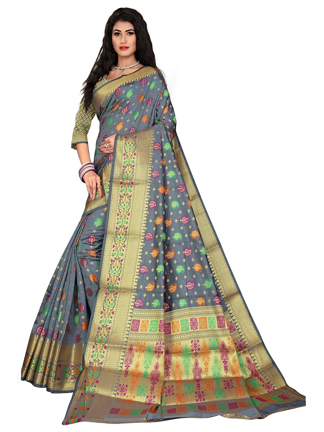

Rivana Woven Design Zari Banarasi Poly Silk Saree, Grey