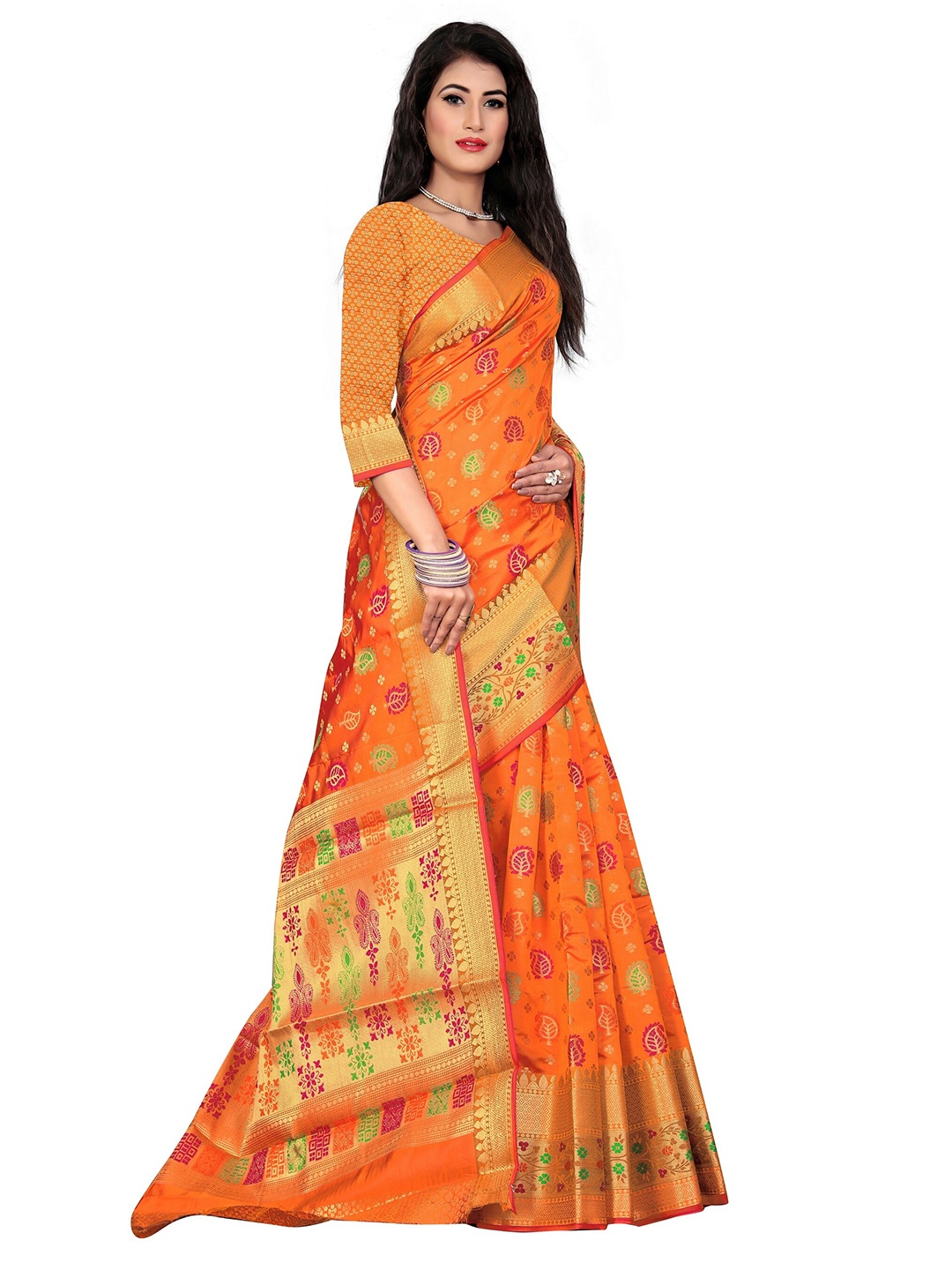 

Rivana Woven Design Zari Banarasi Saree With Blouse Piece, Orange