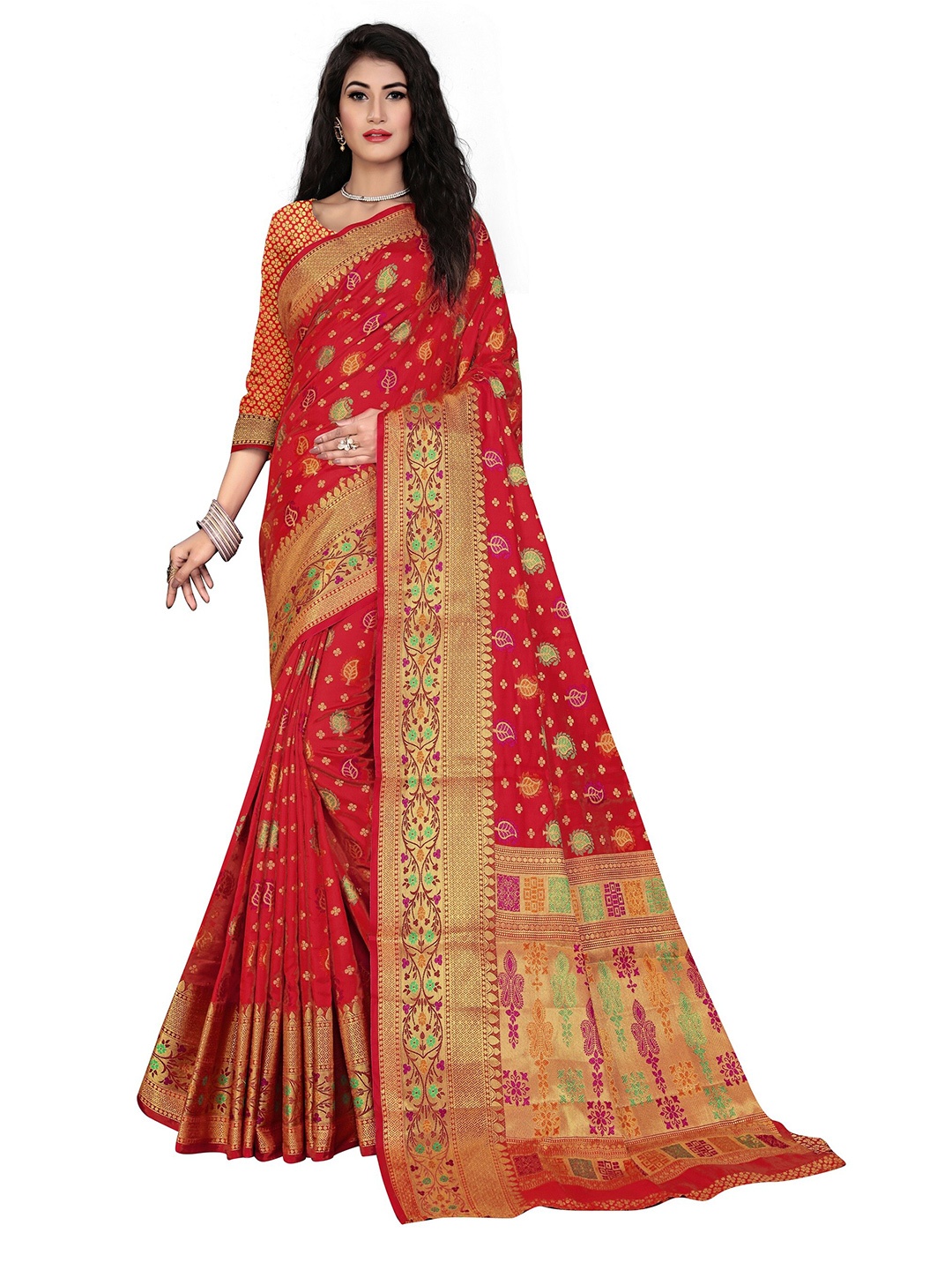 

Rivana Woven Design Banarasi Poly Silk Saree, Red