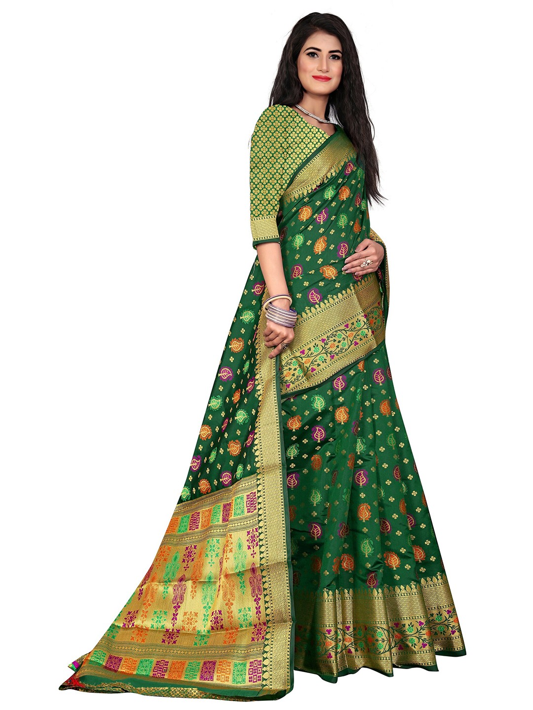 

Rivana Green & Gold-Toned Woven Design Zari Banarasi Saree