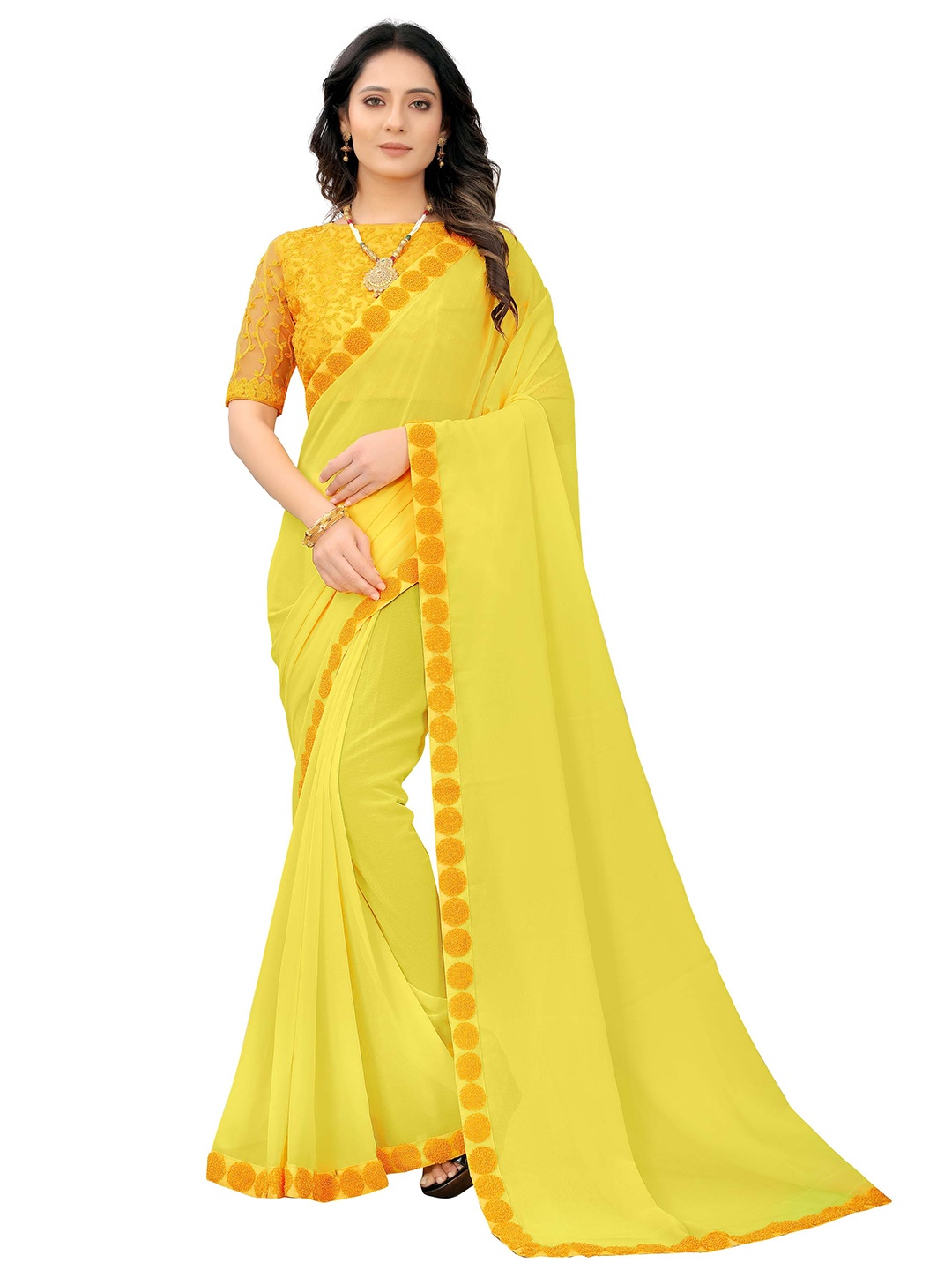 

PRASTHAN Yellow & Orange Embroidered Pure Georgette Heavy Work Saree