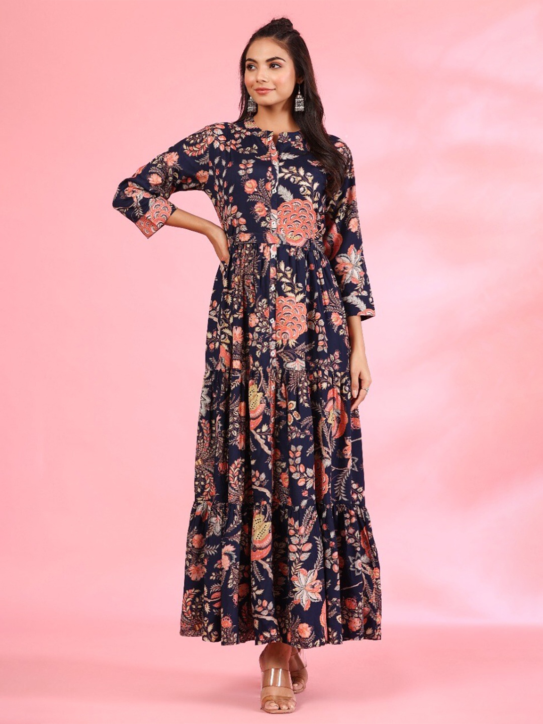 

JISORA Women Blue & Coral Floral Silk Maxi Dress