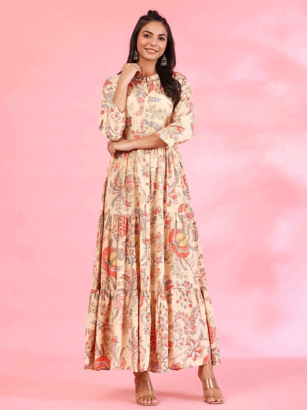 

JISORA Women Cream-Coloured Floral Maxi Dress
