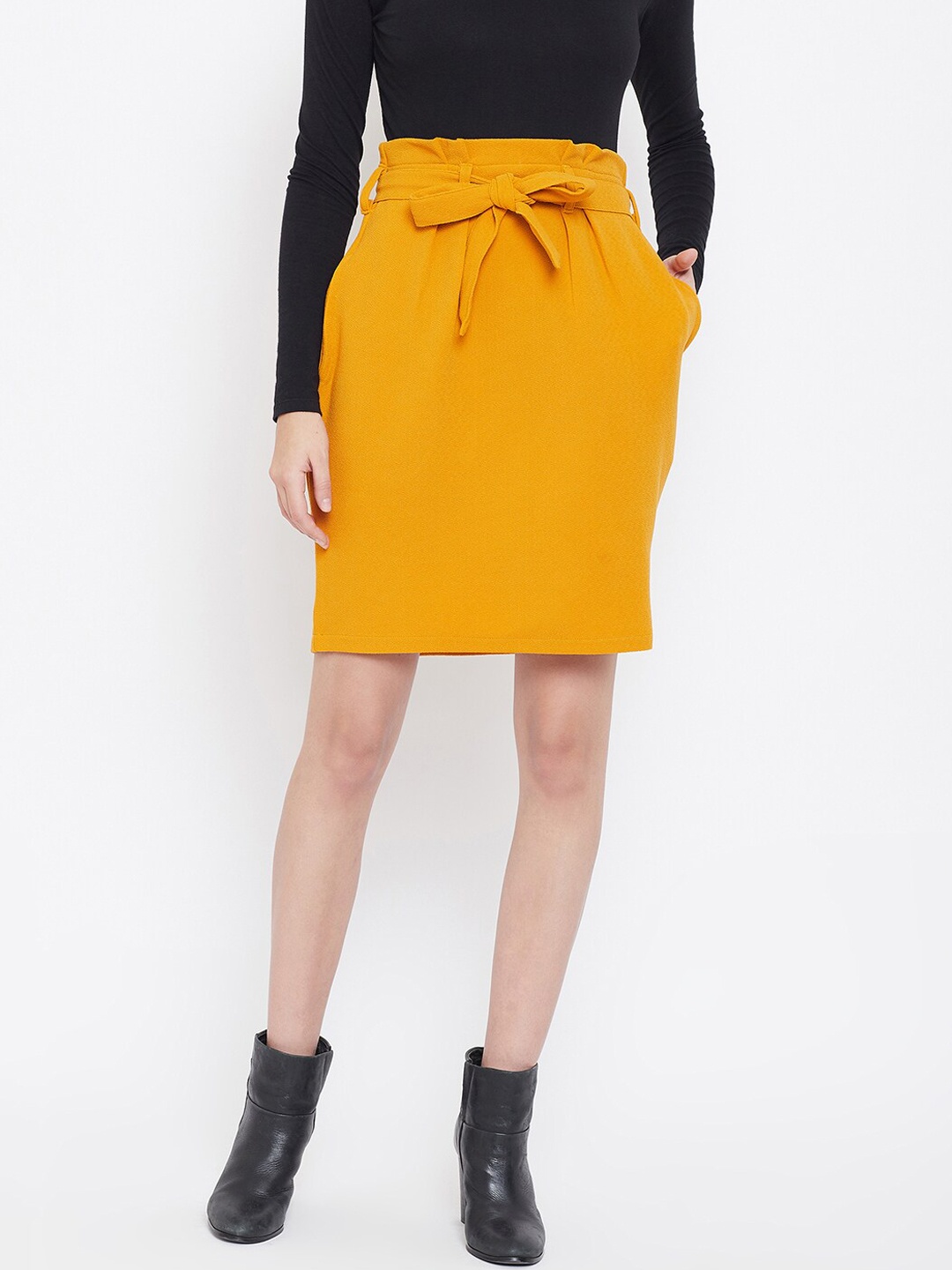 

Zastraa Women Solid Pencil Skirt With Belt, Mustard