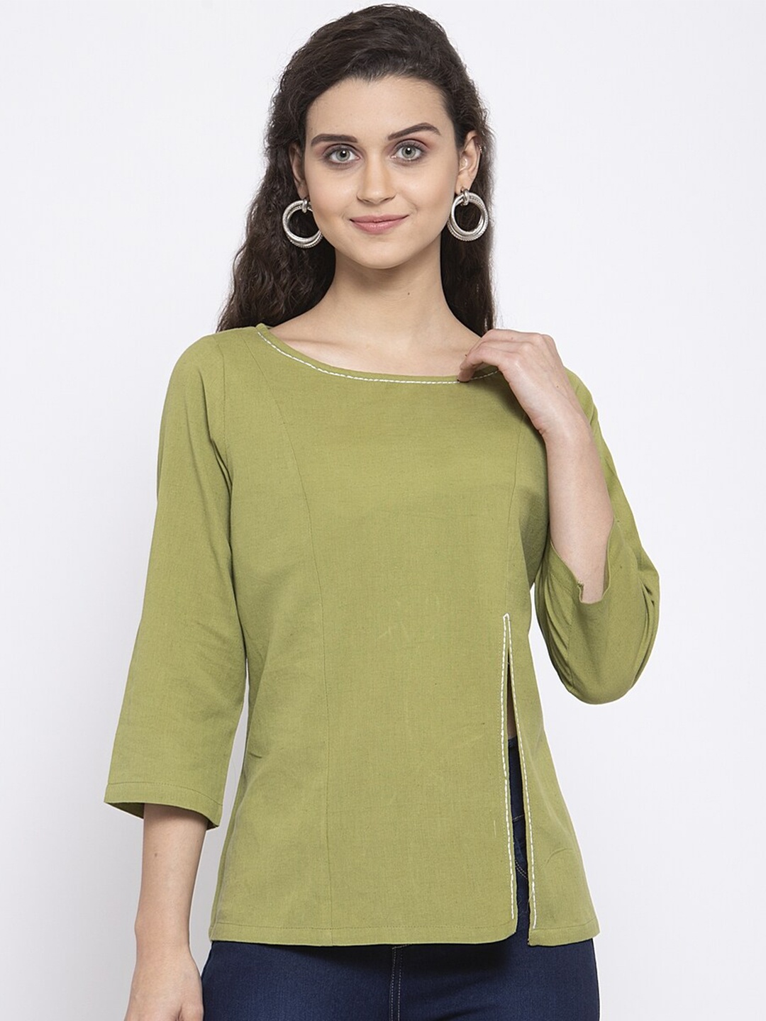 

Zastraa Women Boat Neck Embroidered Pure Cotton Top, Olive