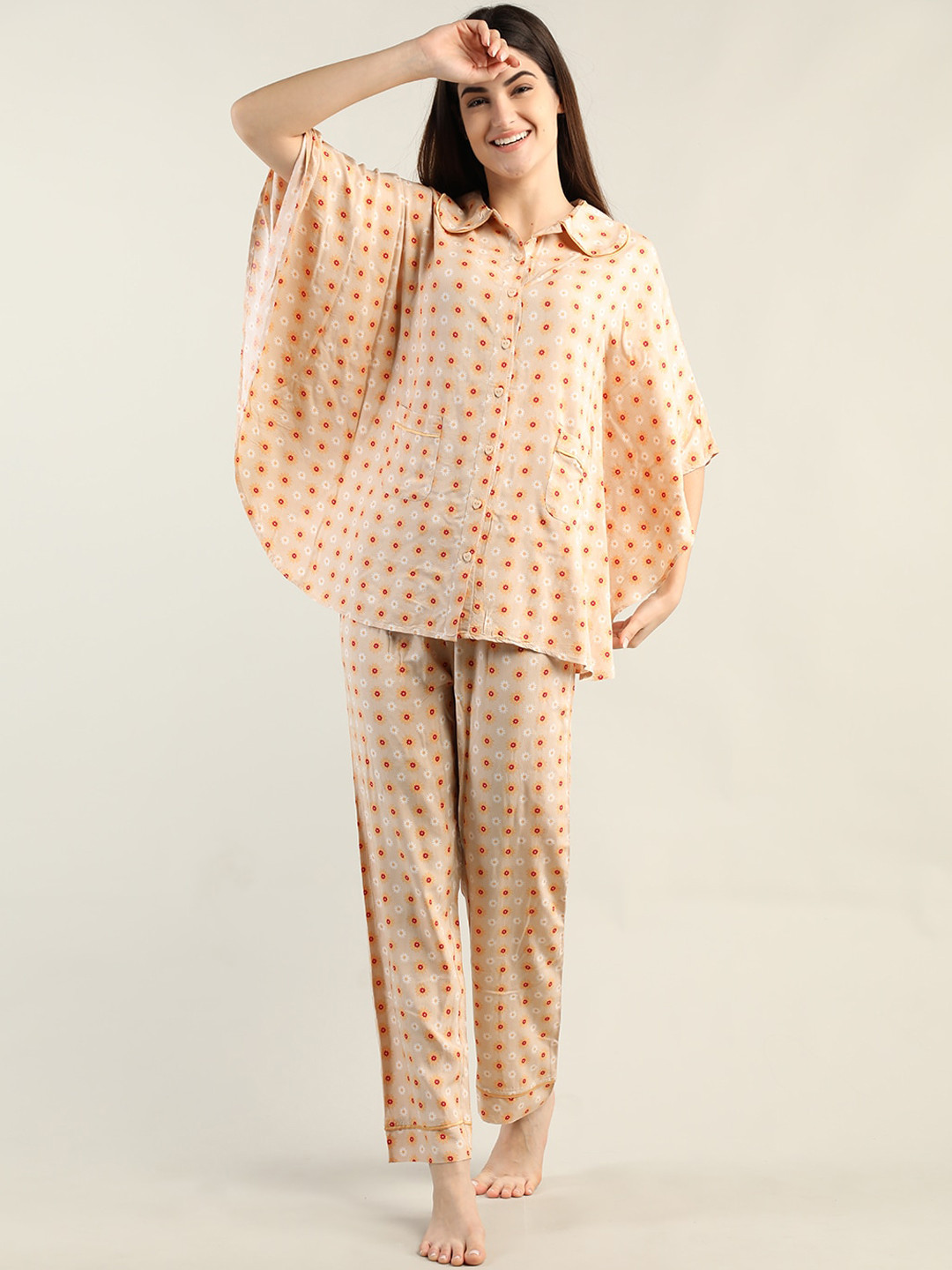 

Organzaa Women Kaftan Shirt Printed Night suit, Peach