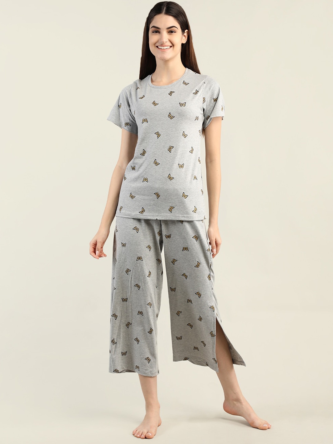 

Organzaa Women Printed T-Shirt & Pyjama Night suit, Grey