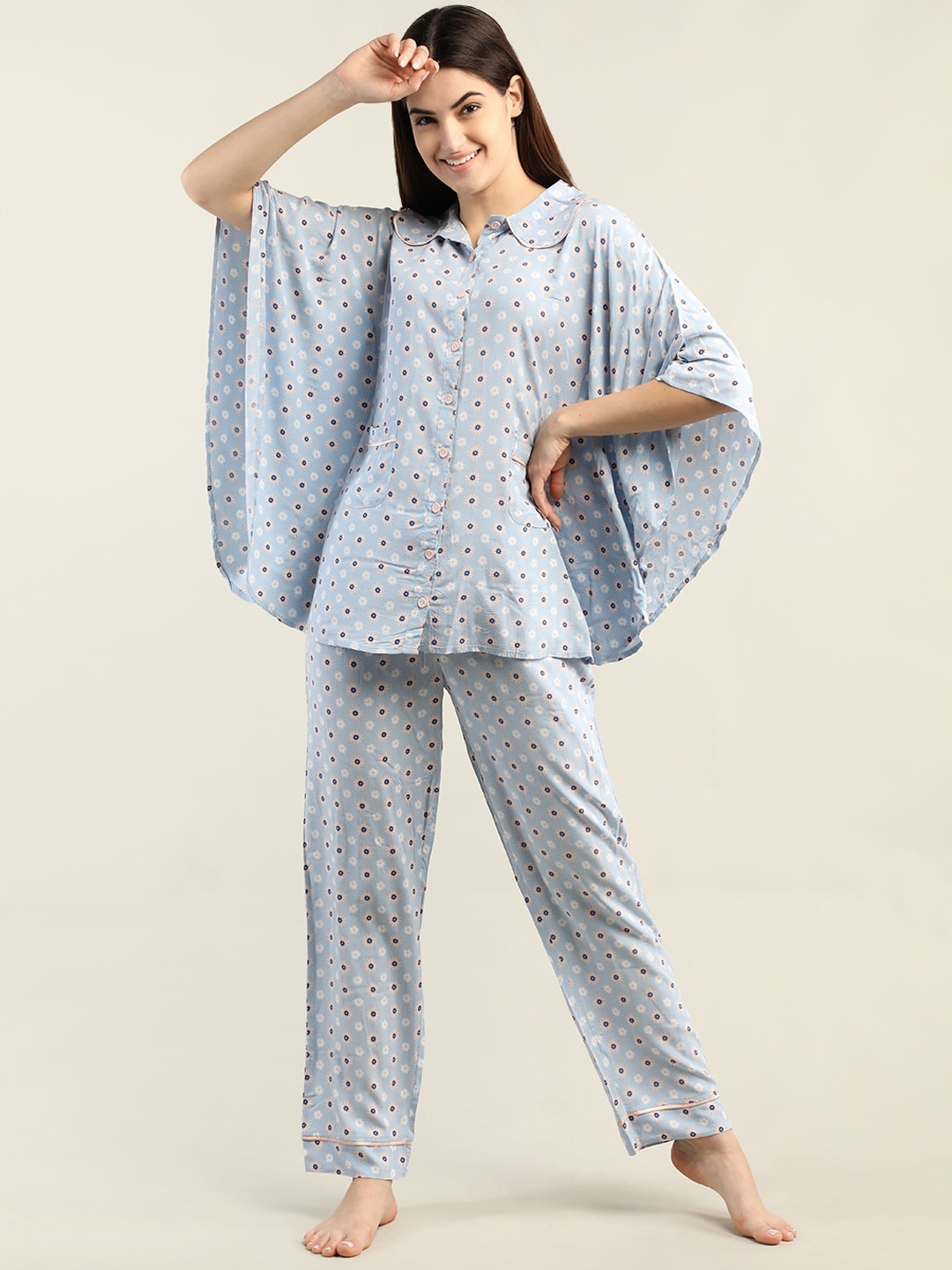 

Organzaa Women Printed Shirt & Pyjama Night suit, Blue