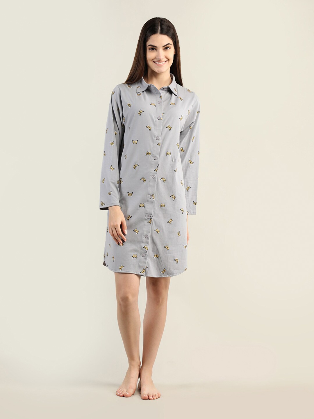 

Organzaa Printed Shirt Nightdress, Grey