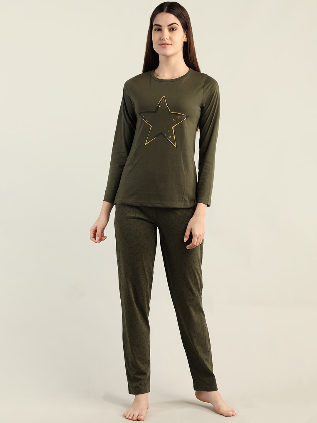 

Organzaa Women Printed T-Shirt & Pyjama Night suit, Olive