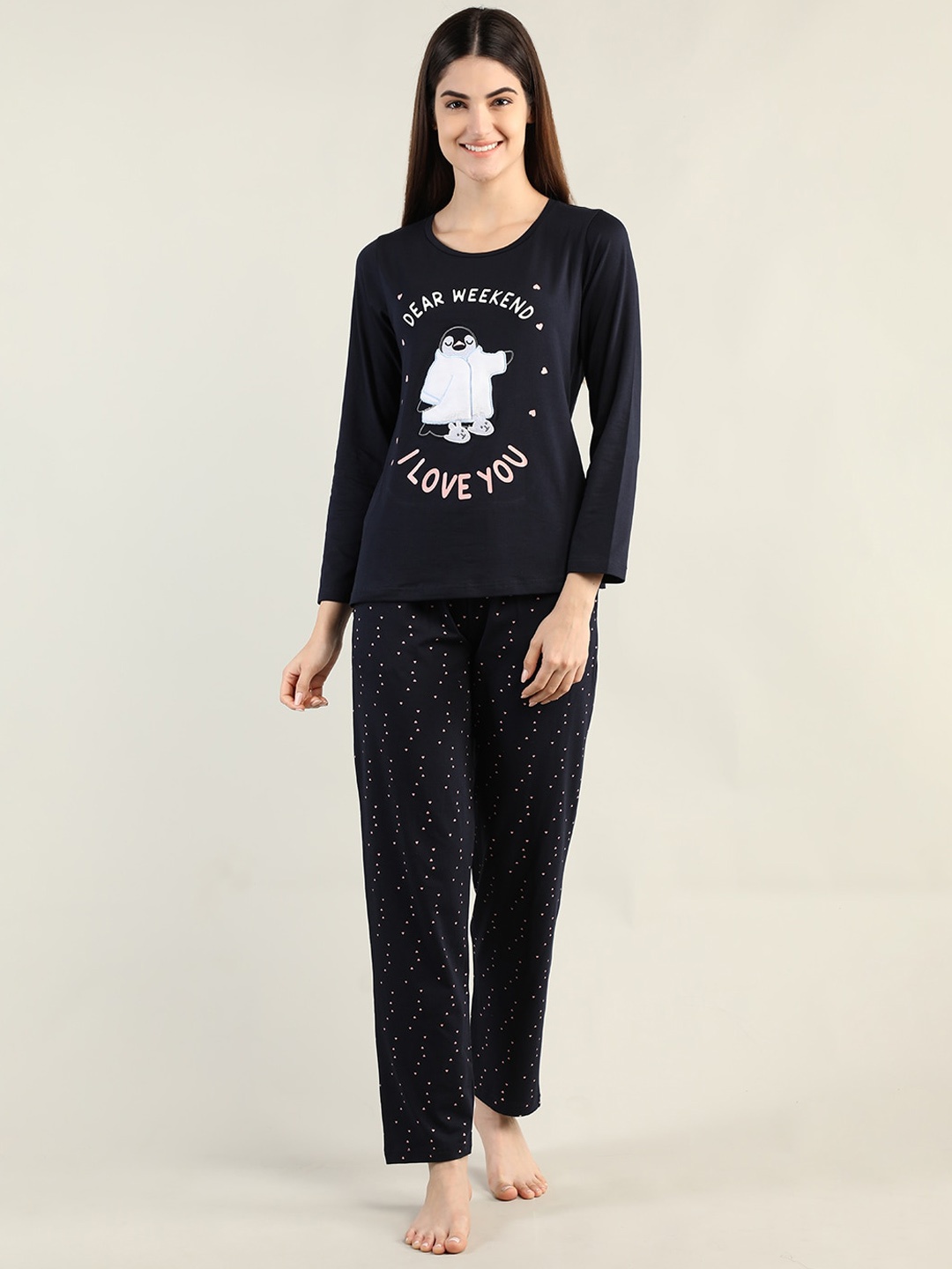 

Organzaa Women Printed T-Shirt & Pyjama Night suit, Navy blue