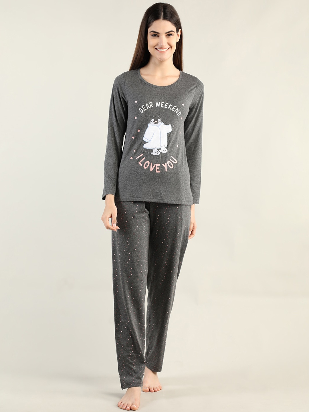 

Organzaa Women Printed T-Shirt & Pyjama Night suit, Grey