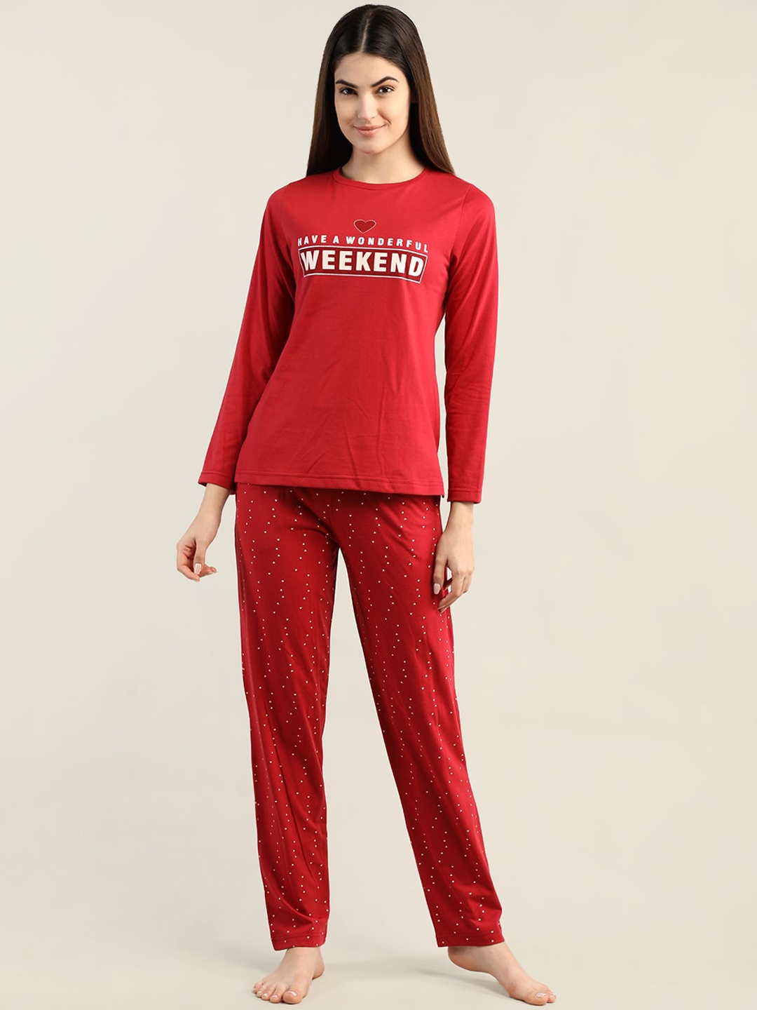 

Organzaa Women Printed T-Shirt & Pyjama Night suit, Maroon