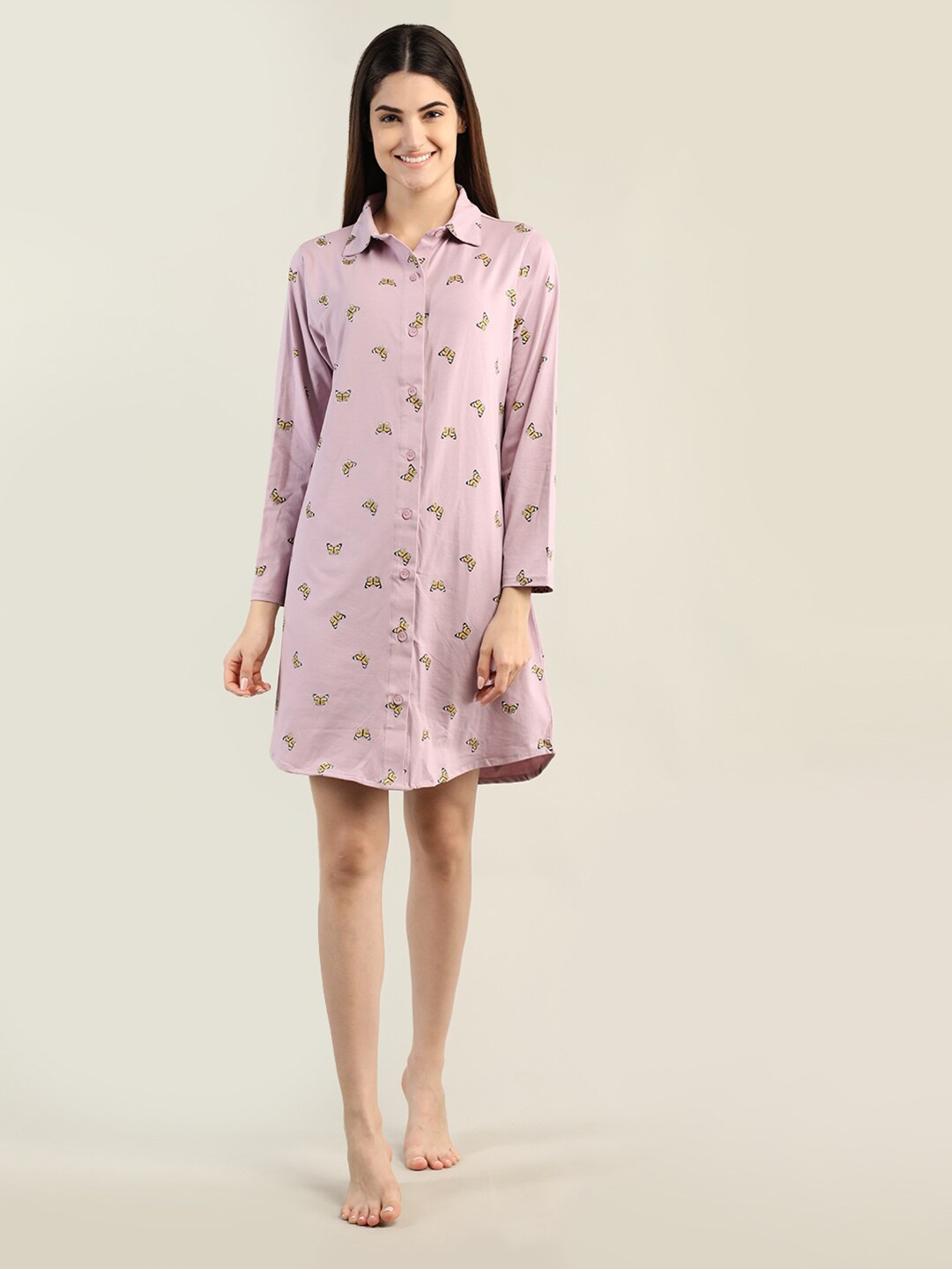 

Organzaa Women Printed Shirt Nightdress, Mauve