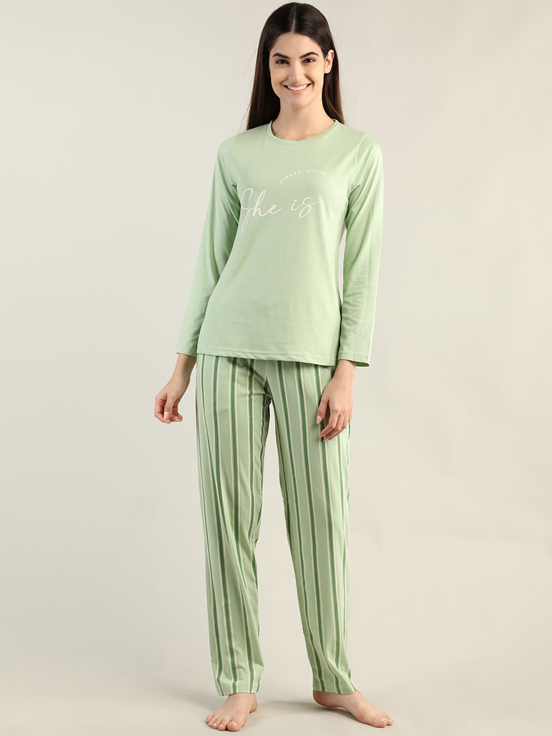 

Organzaa Women Printed T-Shirt & Pyjama Night suit, Sea green