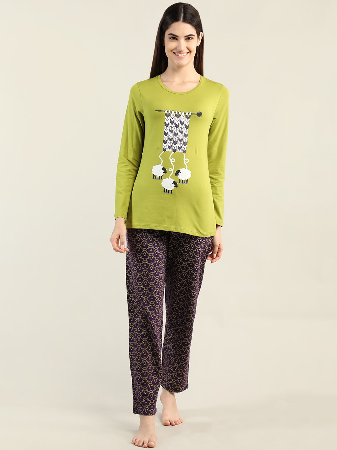 

Organzaa Women Printed T-Shirt & Pyjama Night suit, Green