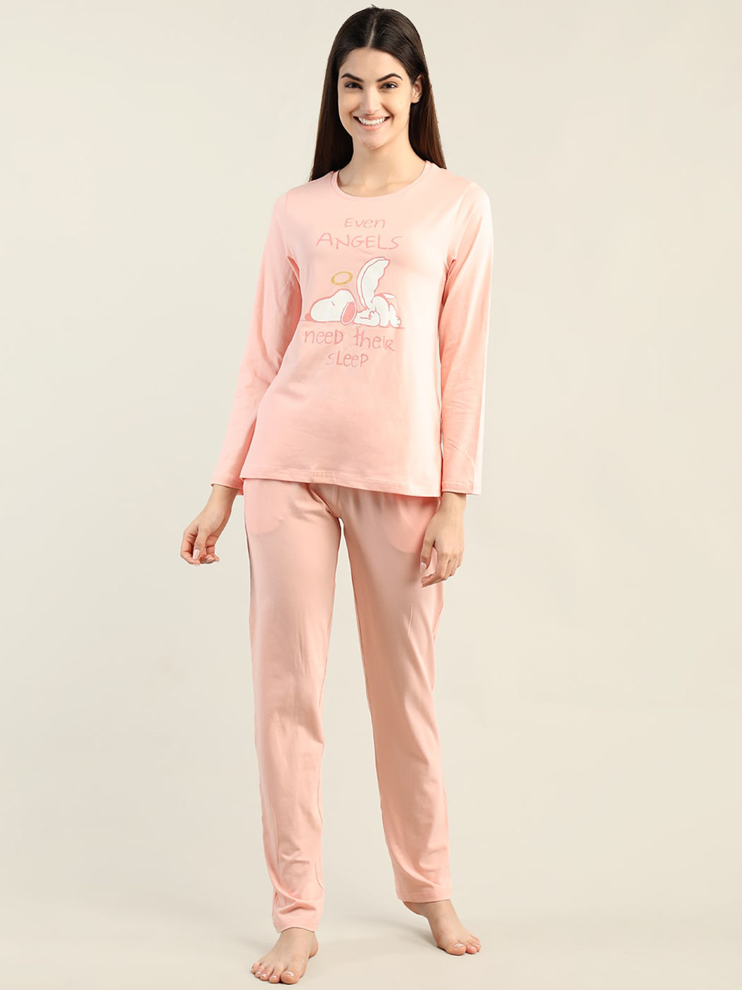 

Organzaa Women Printed T-Shirt & Pyjama Night suit, Peach