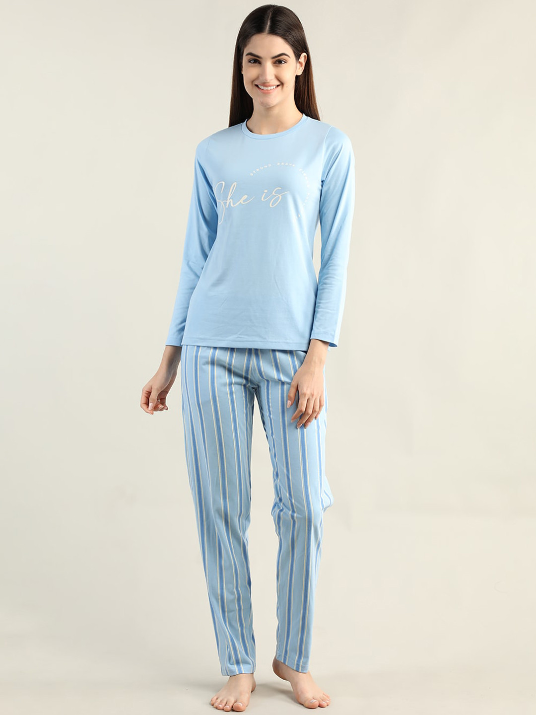 

Organzaa Women Printed T-Shirt & Pyjama Night suit, Blue