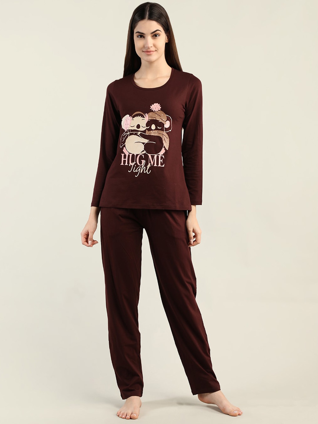 

Organzaa Women Printed T-Shirt & Pyjama Night suit, Maroon