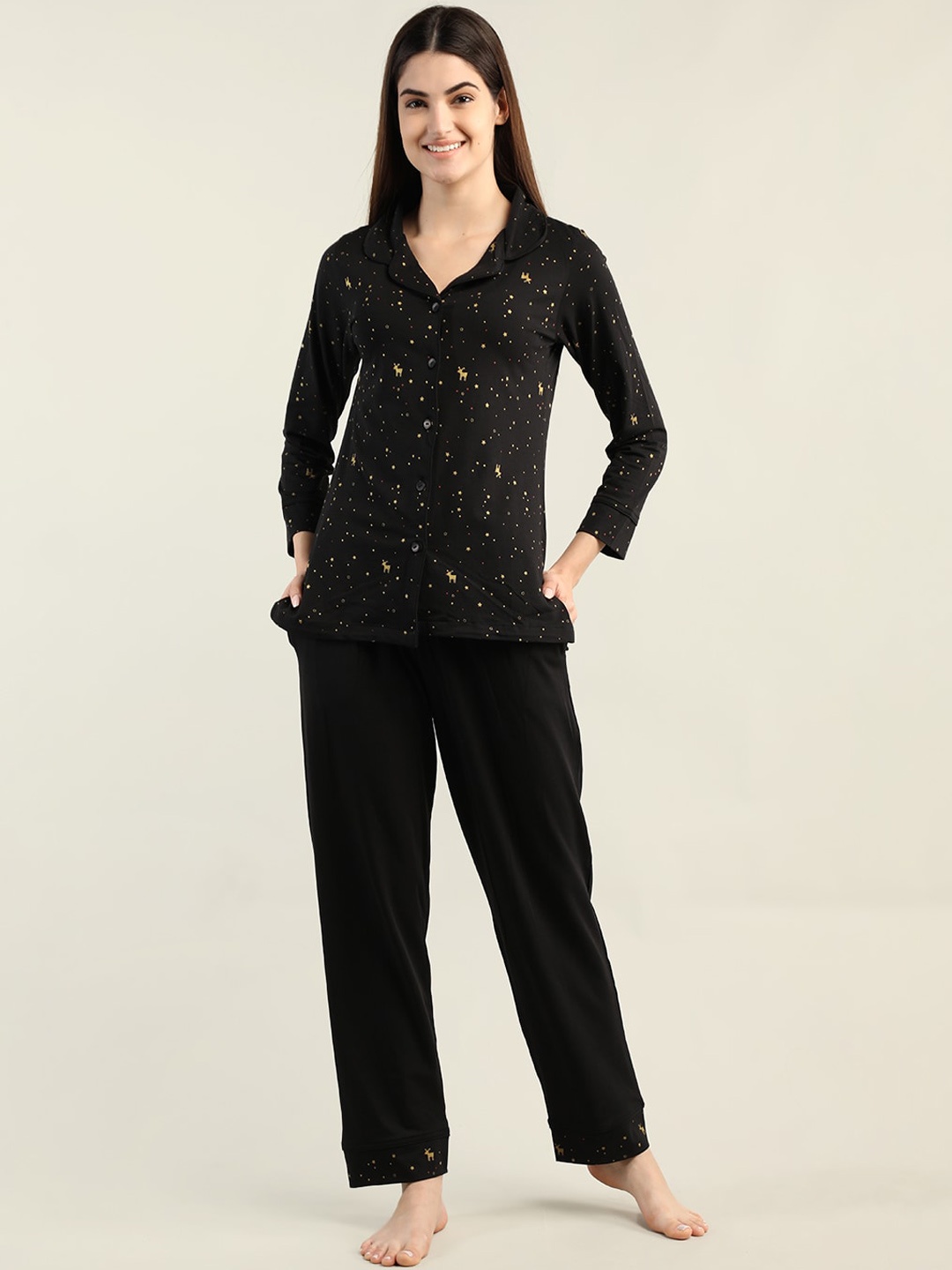 

Organzaa Women Printed T-Shirt & Pyjama Night suit, Black
