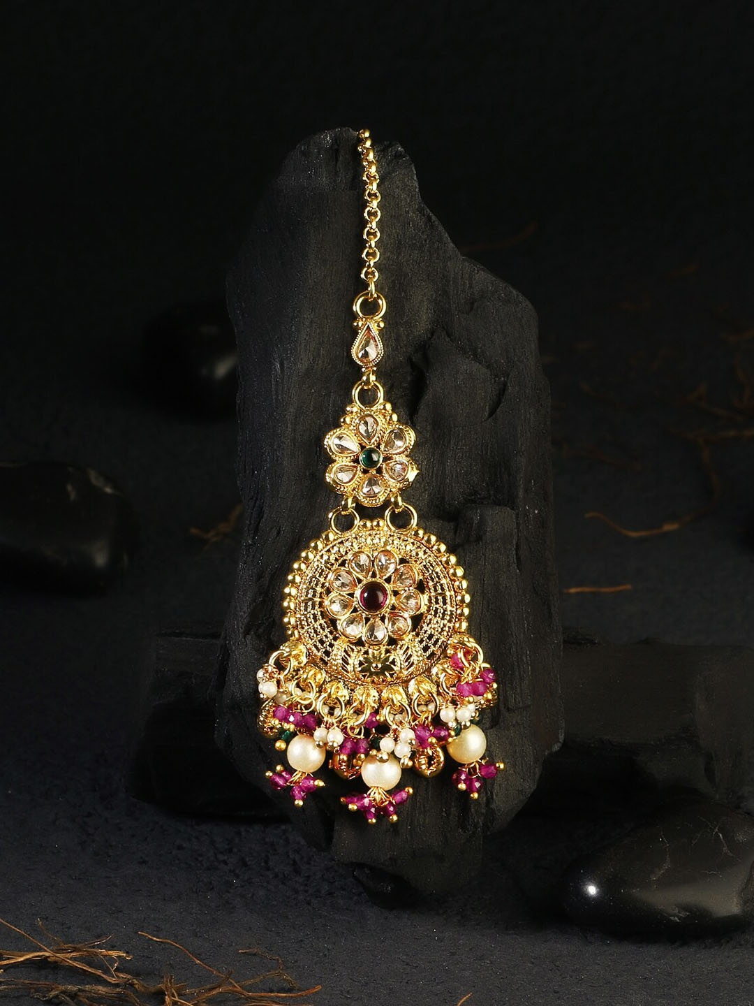 

Adwitiya Collection Gold-Plated Stone-Studded & Pearl Beaded MaangTikka