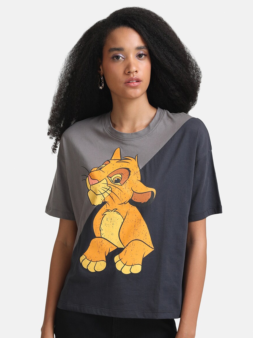 

Kazo Women Lion King Printed Oversized Cotton T-shirt, Grey