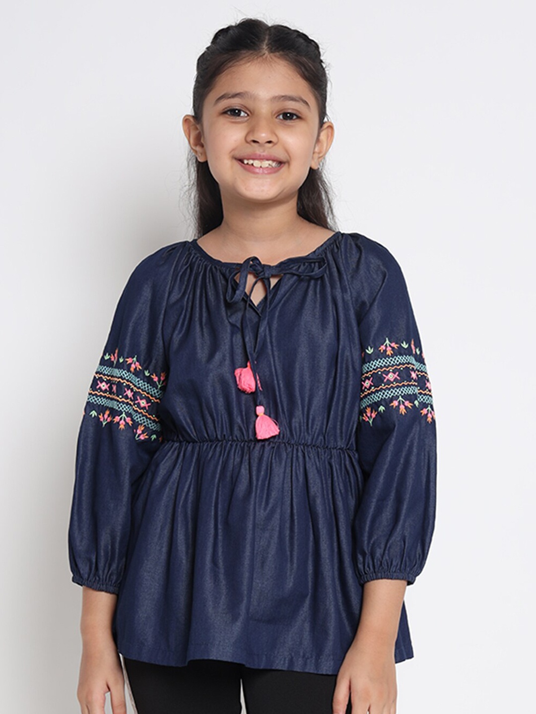 

Natilene Girls Navy Blue Floral Embroidered Tie-Up Neck Denim Cinched Waist Top
