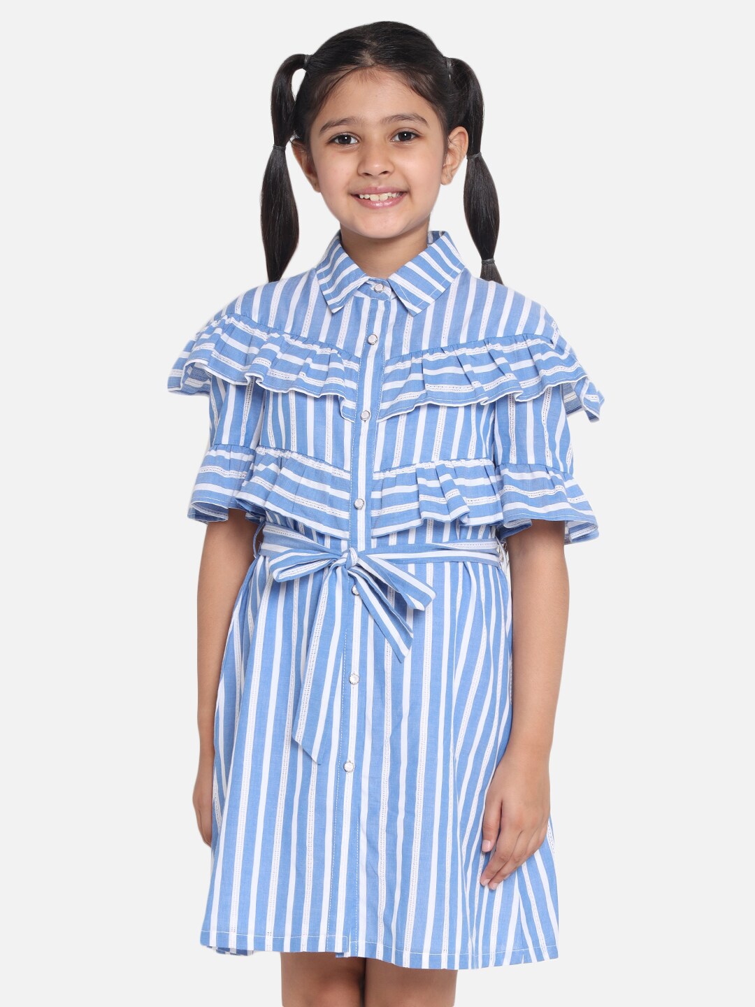 

Natilene Girls Blue & White Striped Cotton Shirt Dress