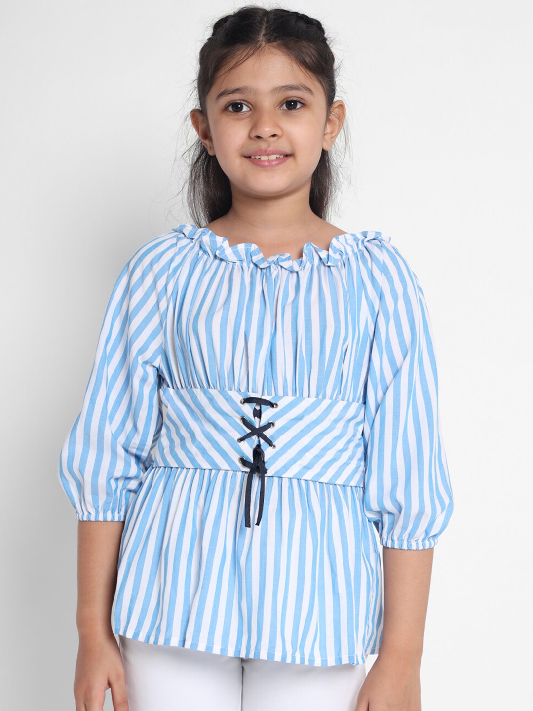 

Natilene Girls Blue & White Striped Off-Shoulder Cinched Waist Top