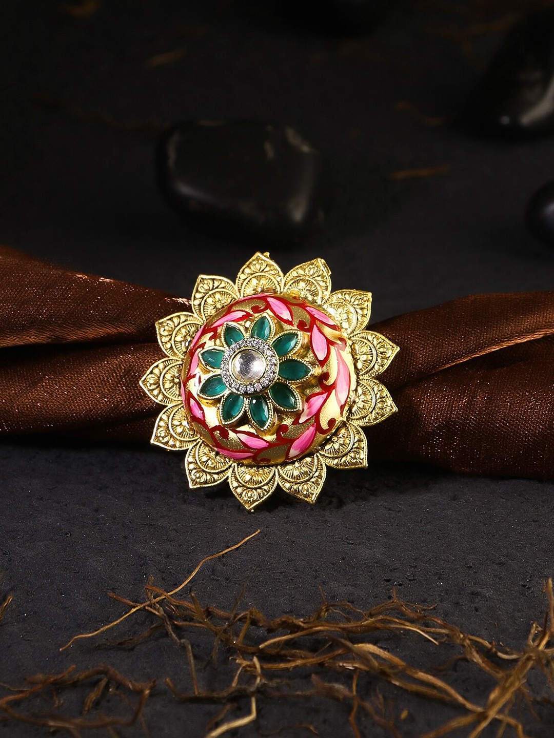 

Adwitiya Collection 24CT Gold-Plated Kundan Studded Meenakari Cocktail Finger Ring