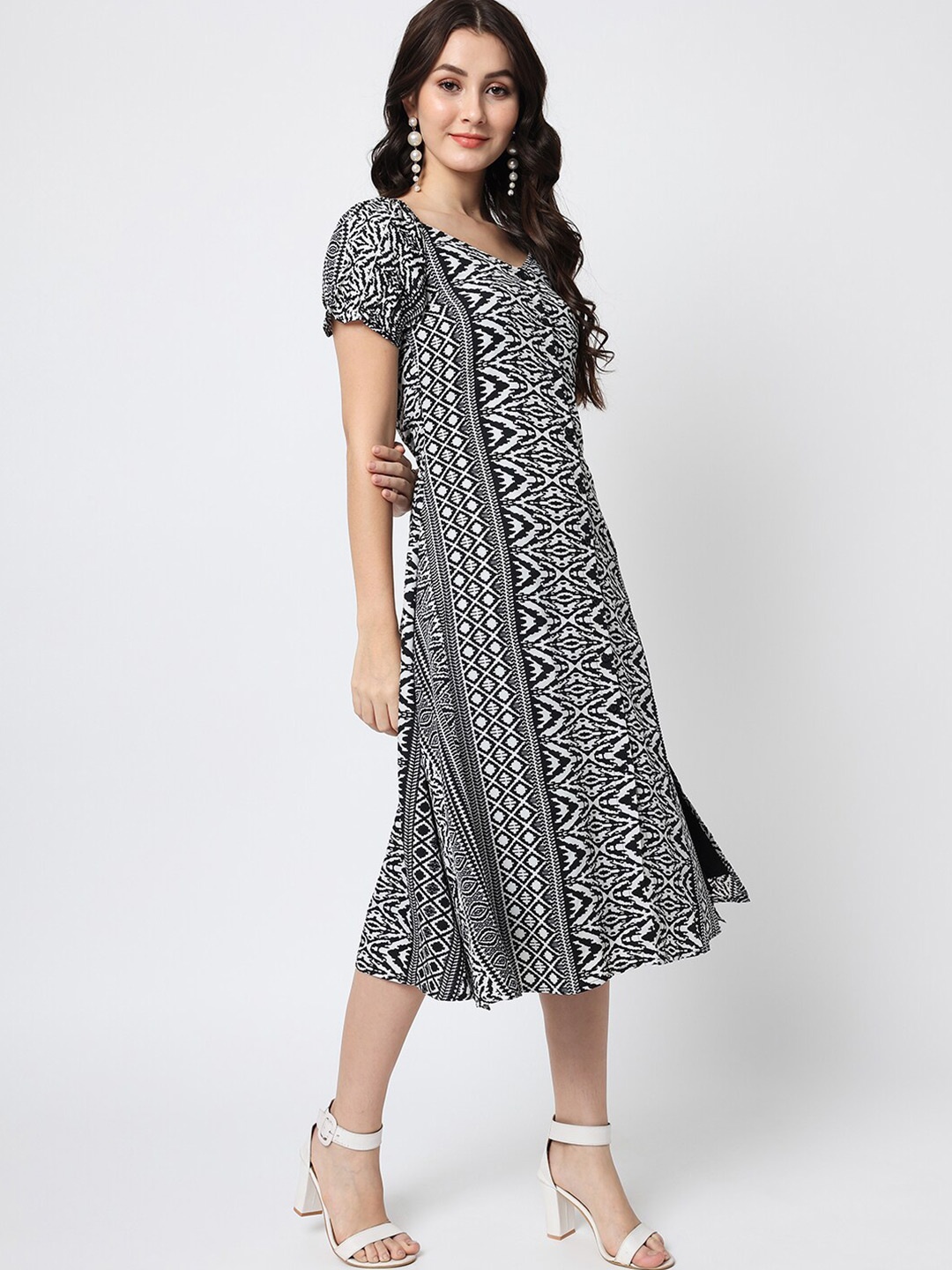 

CHARMGAL Printed Crepe A-Line Midi Dress, Black