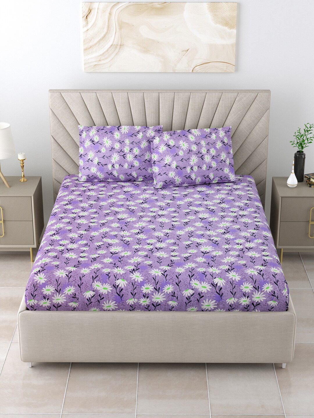 

BOMBAY DYEING Printed 120 TC King Bedsheet with 2 Pillow Covers, Purple