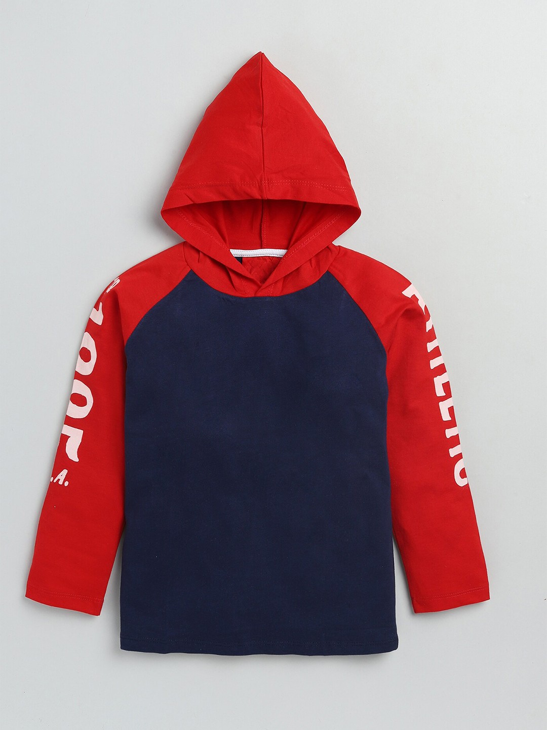 

YK Boys Navy Blue & Red Typography Printed Colourblocked Hooded T-shirt